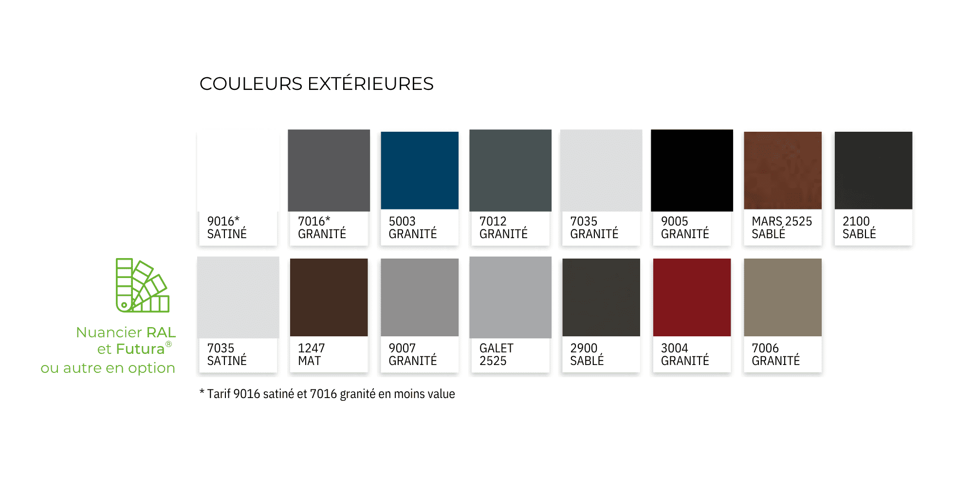 Représentation des différents coloris pour des menuiseries extérieures en aluminium.